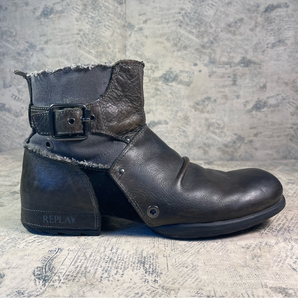 Replay Leather & Denim Deconstructed Biker Ankle Boots Zip Side Moto Boots